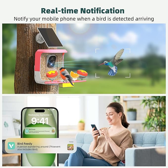 Smart Bird Feeder with Camera Solar Powered - 2K HD Live Video Camera AI Identify Birds, Visible Window Auto Capture& Motion Detection -Instant Arrival Alerts, Birds Lover Gifts