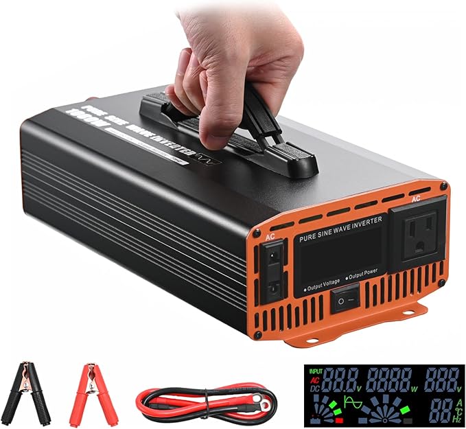 Jamesin Pure Sine Wave Inverter 1000 Watts, 2000 Watts Peak Power, 12 VDC to 110/120 VAC with LED Display for Home, Truck, Car, RV, Residential Solar Systems