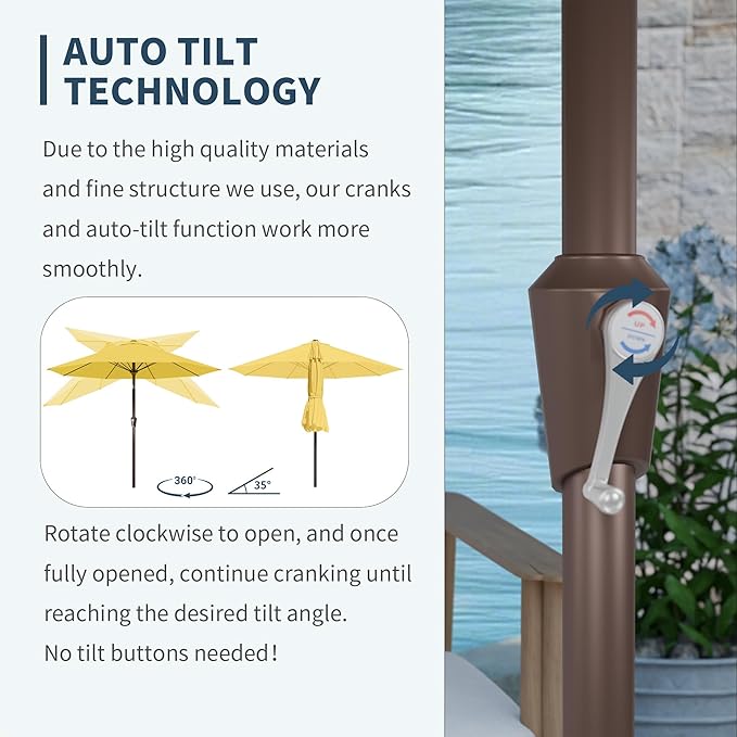 PatioKingdom Auto-Tilt 9FT Patio Umbrella Outdoor with 8 Sturdy Fiberglass Ribs,Market Table Umbrella for Pool,Backyard,Deck and Garden