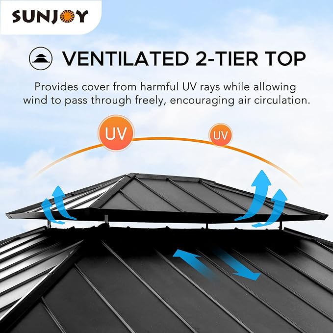 SUNJOY 11 x 13 ft. Wood Gazebo Cedar Framed Gaezbos with Black Double Steel Hardtop Roof for Garden, Backyard Shade, Matte Black Roof + Natural Wood Frame