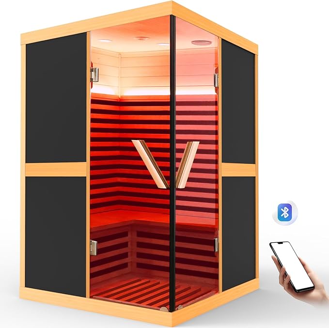 2 Person Sauna Infrared Saunas APP Control 7 Color Light 1980W Wooden Home Spa Room Canadian Hemlock Wood Low-EMF Indoor Saunas 47.2 * 47.2 * 75.6inch