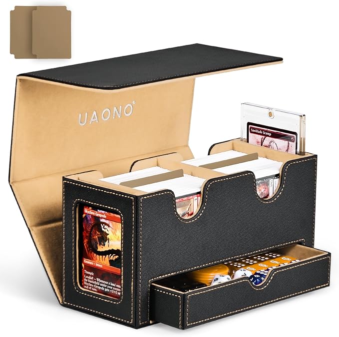 MTG Deck Box with 2 Commander Display and Dice Tray-Patented Design, Double Deck Box for 280+ Single Sleeved Cards, Leather Magnetic Card Storage Box Fits for TCG CCG Magic Cards (Black&Khaki)