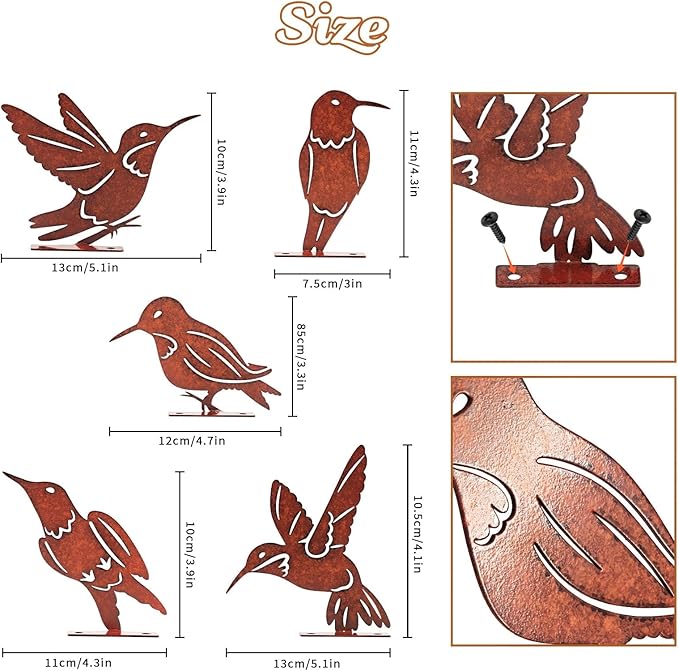 5PCS Rusty Birds Decoration, Outdoor Metal Birds Decor for Yard, Wall & Fence - Hummingbirds Craft Statue Ornaments - Garden Sculptures and Yard Art - Rustic Garden/Farmhouse Decor, Double-Side Design
