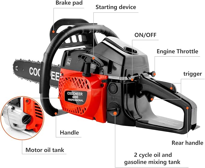 COOCHEER 62cc Gas Chainsaw 2-Cycle Cordless Chainsaw 20 Inch Handheld Chain Saw with 2 Chains & Carrying Bag for Cutting Wood Tree Trimming Farm Garden