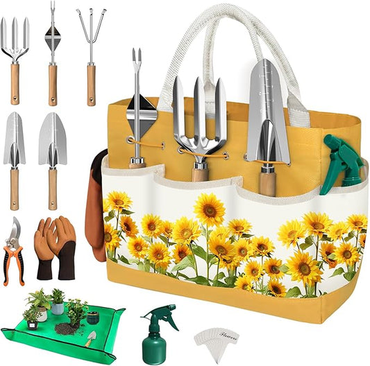 22Pcs Gardening Tools Set for Women Heavy Duty Garden Hand Tools Yard Work Tools Gardener Gifts Gardening Accessories with Tools Bag/Shovel/Mat/Plant Labels/Gloves