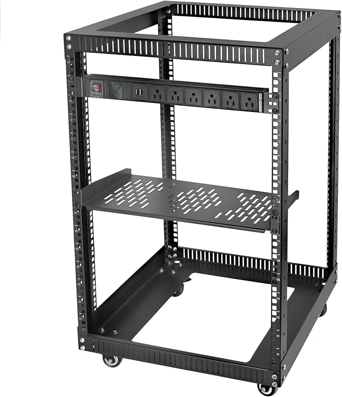 RIVECO 15U 19 Inch Open Frame Server Rack with Wheels Including 1U Rack Shelf & Power Strip Universal for 19" Network Equipment Black
