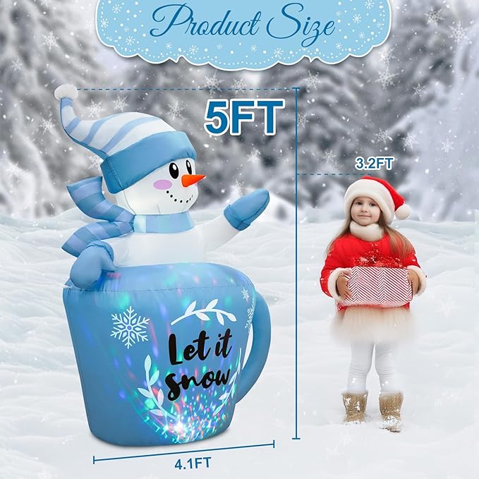 OurWarm 5FT Christmas Inflatable Snowman in Mug, Adorable Blue Snowman Blow Up Awaiting the Snow, Christmas Inflatables Outdoor Decorations with Built-in LEDs & Blower for Yard Lawn Winter Inflatables