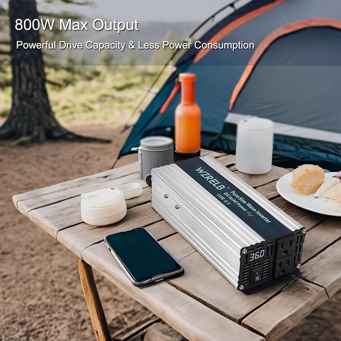 WZRELB 800W Pure Sine Wave Inverter 36V DC to 110V 120V AC,Car Power Inverter with Dual AC Outlets, LED Display,Off-Grid Portable Power Converter for Home, RV, Truck, Camping