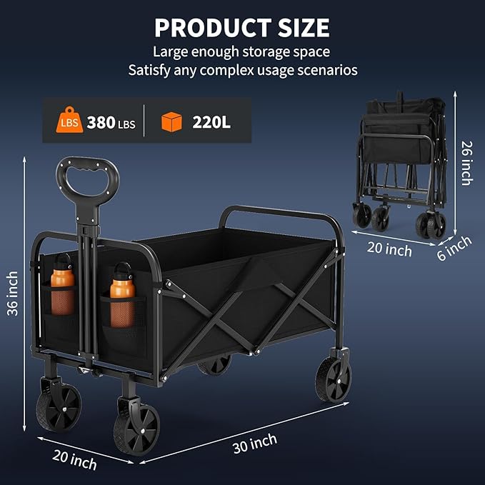 Collapsible Wagon Cart 380Lbs Capacity, Foldable Utility Portable Beach Wagon with All-Terrain Wheels, Adjustable Handle & Drink Holders, Carts with Wheels for Grocery, Camping, Shopping, Garden Cart