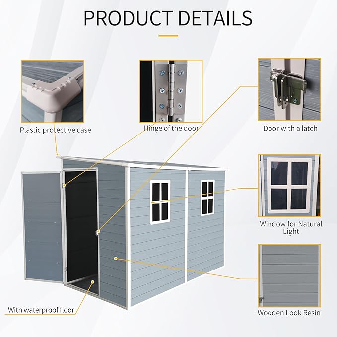 LANTRO JS Storage Sheds Outdoor with Floor, Plastic Shed, 4x8FT Lean to Shed with Two Windows, Lockable Doors for Garden Tools