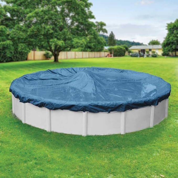 Robelle 33 ft Heavy Duty Blue Winter Pool Cover for Above Ground Pools, 4 ft Overlap (37 ft Cover Size), Solid 8 x 8 Scrim, 2.36 oz/yd2, 10-Year Warranty, Style: 3533-4