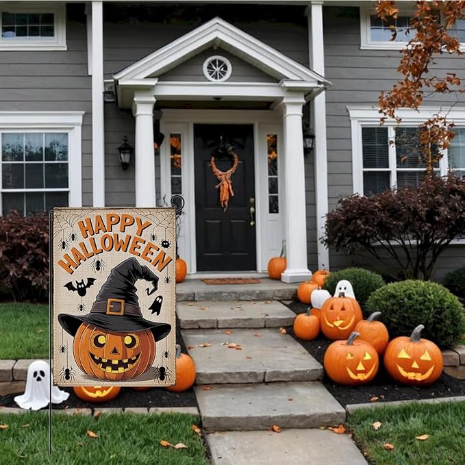 HTBIG Halloween Pumpkin Garden Flags, Happy Halloween Spooky Pumpkin Decor, Yard Flags for Outside 12x18 inch, Outside Yard for Home Decorations