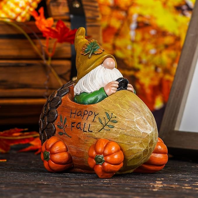 Topadorn Fall Gnome Statue Pine Cone Car with Pumpkin Wheel, Autumn Harvest Gnome Resin Figurine for Home and Outdoor, Thanksgiving Party Home Gnomes Decor