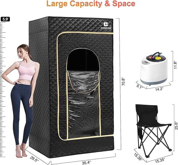COSVALVE Portable Sauna Box for Home Sauna Steamer with 4L Large Steam Pot, 1600W Fast Heating Full Size Personal Sauna, 16 Levels, Remote Control, Foldable Chair, 2.9' x 2.5' x 5.9'