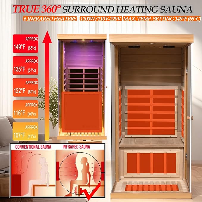 Red Cedar Dry Sauna for Home, Low EMF Far Infrared Indoor Sauna 1 Person 1100W/120V with 6 Carbon Panel Heater & LCD Control Panel & Bluetooth Audio & Chromotherapy Lights & 270° Panoramic Vision