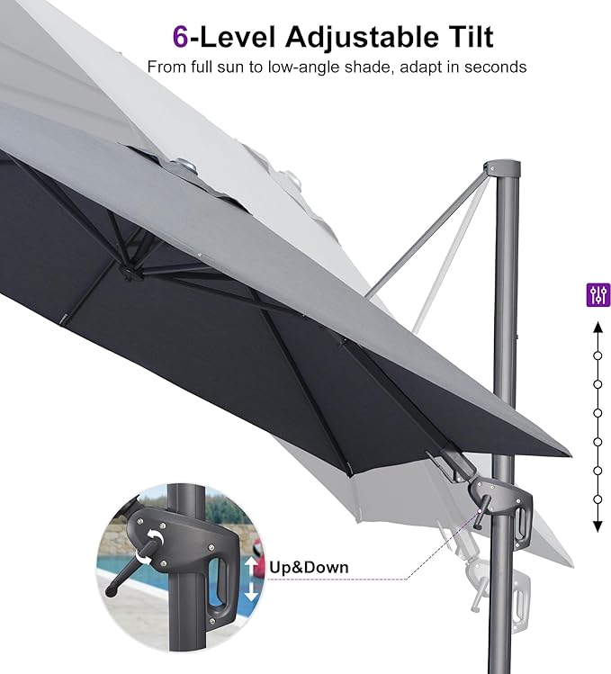 PURPLE LEAF 8' X 8' Swivel Outdoor Patio Aluminum Umbrella with Base Left-right Tilting Cantilever Offset Umbrella with UV Resistant Heavy Duty Fabric for Deck Pool Patio Backyard, Graphite Grey