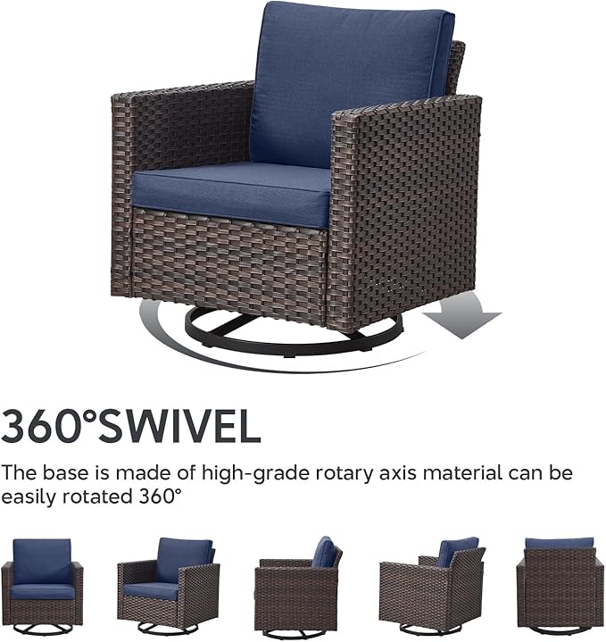7 Piece Wicker Patio Furniture with Fire Pit Table - Outdoor Conversation Set with 50,000 BTU Fire Pit, All Weather Rattan Patio Set for Deck Backyard Garden - Brown Wicker Blue Cushion