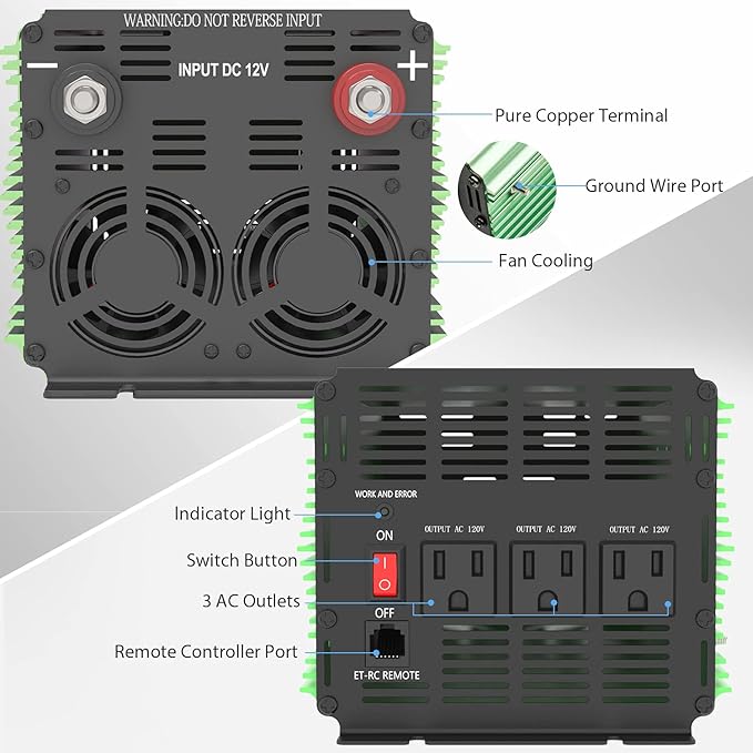 EDECOA 2000 Watt Power Inverter DC 12V to AC 110V 120V 2000W Converter with LCD Display and Remote Controller Dual USB (with ET-RC Remote)