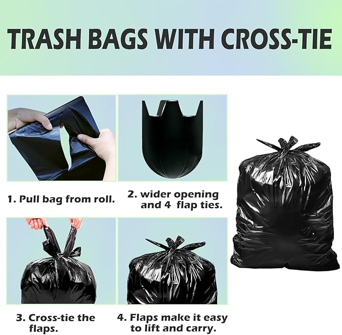 30-33 Gallon 1.1 Mil Heavy Duty Trash Bags 60 Count with 4 Innovative Flap Ties | Compatible with Rubbermaid Brute & Winco & Behrens 30-33 Gallon Round Trash Can | Tear & Leak Resistant Black
