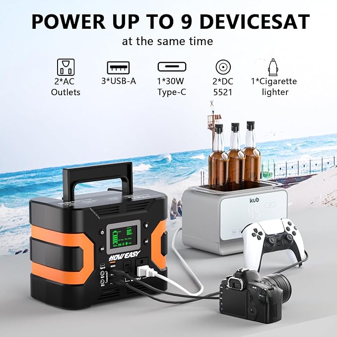 HOWEASY Portable Power Station 300W(600W Peak), 236Wh Solar Generator with Pure Sine Wave 110V AC Output, Backup Lithium Battery with LED Light for Outdoor Camping Travel Home Blackout