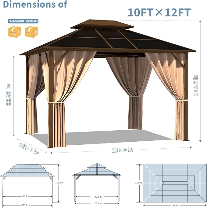 Kingdura Hardtop Gazebo 10'x12' with Double Polycarbonate Roof Canopy, Outdoor Gazebo with All-Weather Resistant Aluminum Frame Permanent Pavilion, UV Blocking for Patio Lawn Garden (Brown)