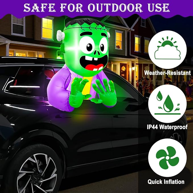 3.5 FT Halloween Inflatable Trunk Or Treat Car Decorations Kit Blow Up Green Zombie Frankenstein with Built-in LEDs, Halloween Car Trunk Or Treat Decorations for SUVs Sedans Yard Outdoor Party Decor