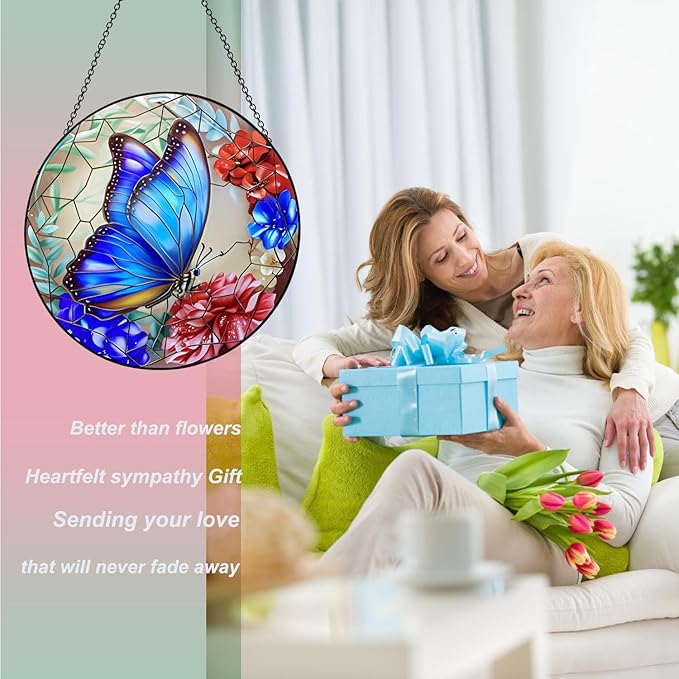 12 Inch Stained Glass Window Hanging,Large Butterfly Suncatcher, Stained Glass Suncatcher, Butterfly Home Wall Art Decor for Indoor Window, Hand Multicolor Panel Sun Catcher
