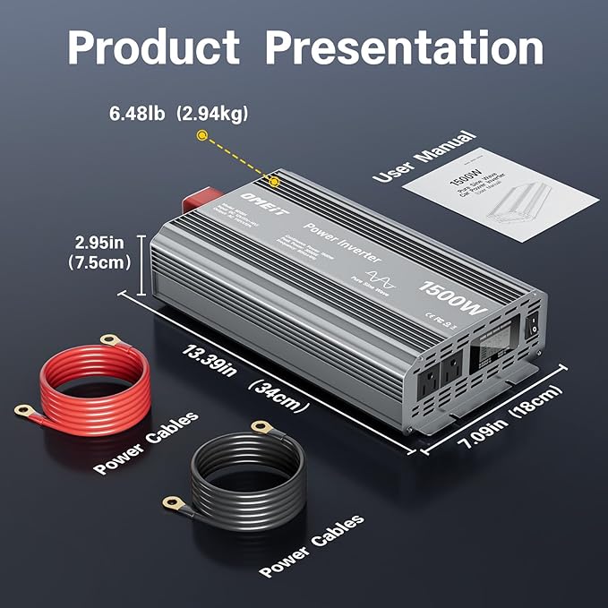 1500W Pure Sine Wave Power Inverter, 12V DC to 110V/120V AC for Car, RV, Truck, Home, Off-Grid, Camping with 2 AC Outlets, LCD Display and 3000W Surge