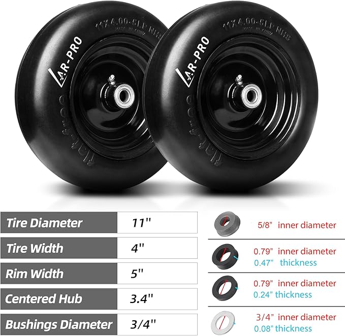AR-PRO (2-Pack) 11x4.00-5 Flat Free Tire and Wheel, Universal 11x4-5 Solid Smooth Tractor Turf Tire with Rim, 3.4" Centered Hub and 3/4" & 5/8" Bushing, For Zero Turn Mowers and Riding Lawn Mower