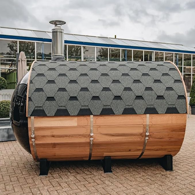 Customize Wood Burning Sauna 4-8 Person, Outdoor Canadian Red Cedar Barrel Sauna with Porch, Glass Window Option, Scenic Porch, Wood Stove, Luxurious Texture