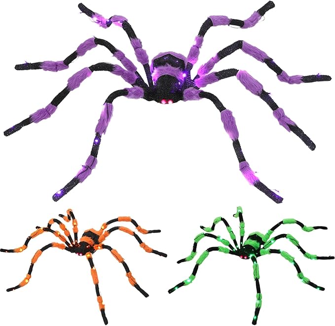 Giant Spider Halloween Decorations, 60” Big Black Lighted Halloween Spider with Red Eyes 56 LED Purple Lights Timer for Spiderweb Indoor Outdoor Yard Party Haunted House Decoration