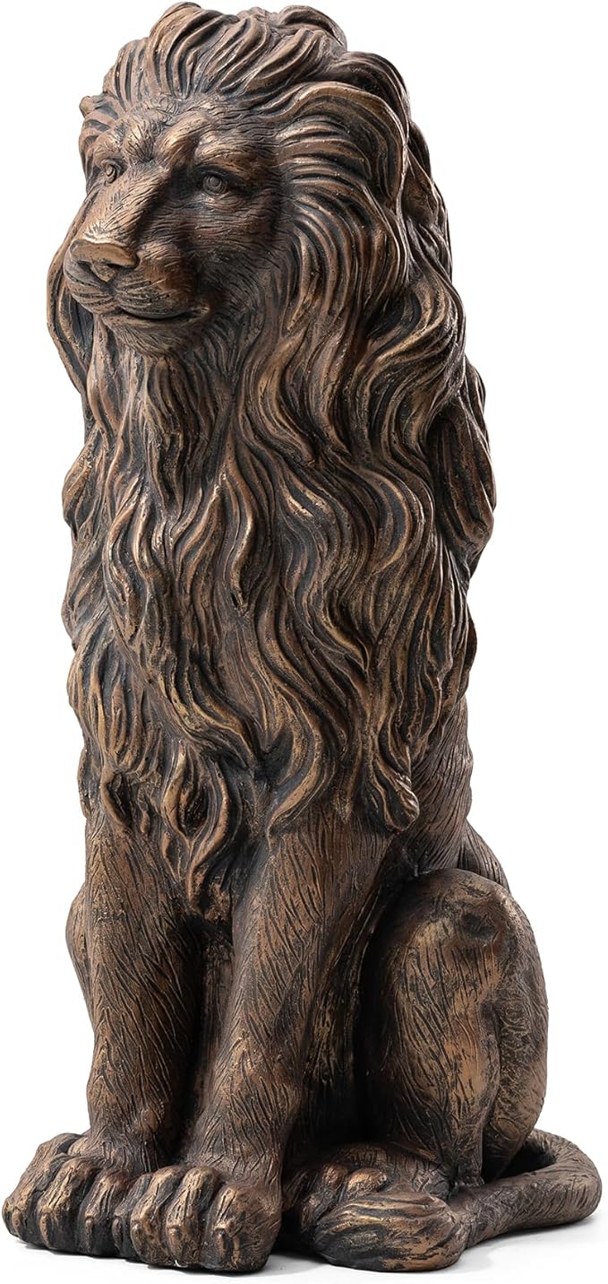 Glitzhome Guardian Sitting Lion Garden Statue MGO Outdoor Decoration, 27.75" H, Bronze