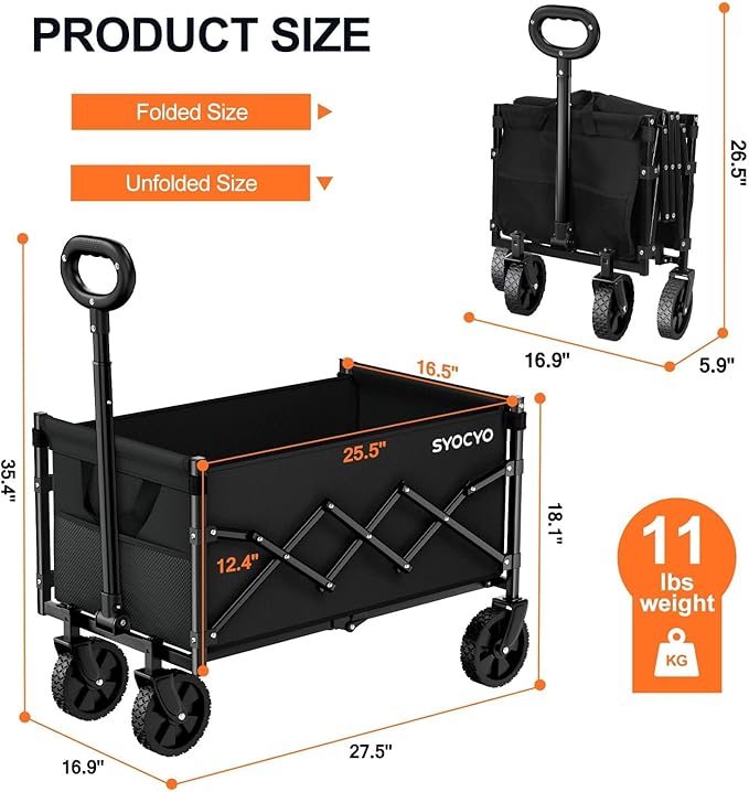 Collapsible Wagon Cart 220lbs Beach Foldable Wagon Lightweight & Portable Folding Utility Grocery Shopping Carts with Wheels for Shopping Garden and Sports