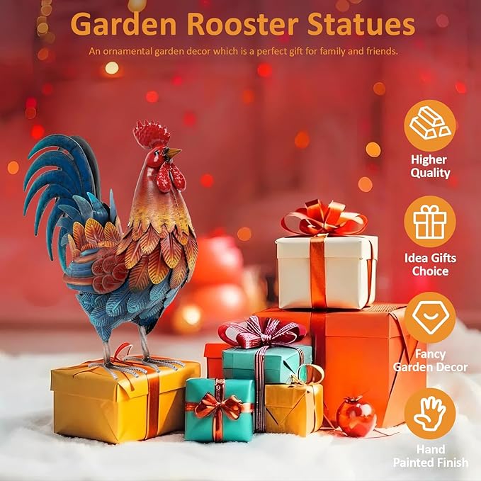 Kircust Metal Rooster Yard Art Statue, Chicken Garden Animals Sculpture Lawn Ornament Figurines Artwork for Outdoor, Patio, Backyard and Home Kitchen Decoration
