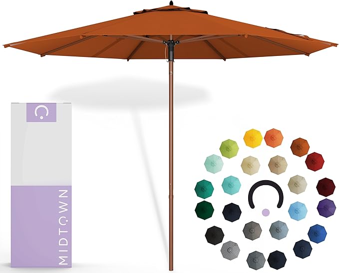 Midtown Umbrellas The Wooden 9 Feet Patio Umbrella With Sunbrella Terracotta Acrylic Fabric - Aluminum Frame Market Umbrella For Backyard, Deck, Garden, Pool - Wooden Pole