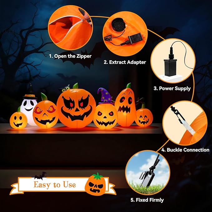 9 FT Halloween Inflatables Pumpkin Outdoor Decorations with Cute Chost Cat and Witch Hat Built-in LEDs Blow Up Pumpkin for Party Yard Lawn Garden Outside Decor