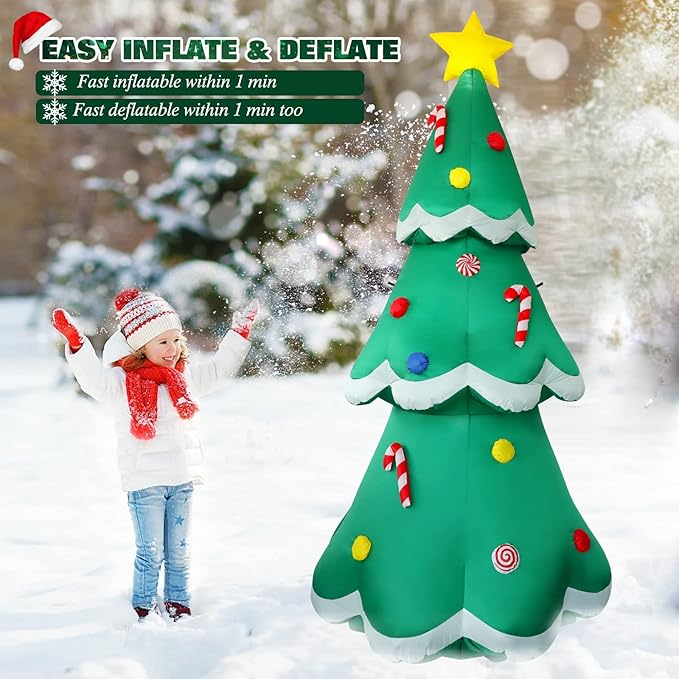 7 FT Tall Christmas Inflatables Tree Decorations Outdoor, Blow up Christmas Tree Yard Decor with LED Lights Star Treetop & Colorful Candy for Xmas Holiday Party Indoor Garden Patio Display Hall Lawn