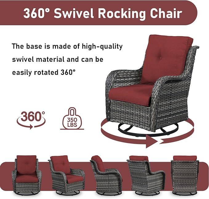 Wicker Outdoor Conversation Set-6 Pieces Outdoor Wicker High Back Couch with Swivel Rocker Chairs Patio Furniture for Deck Poolside Backyard-Grey/Red
