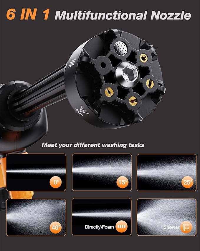 Cordless Pressure Washer, 900PSI Portable Power Washer with 3.0Ah Battery, 1.8Max GPM Cordless Power Washer Battery Operated with 6-in-1 Nozzle, Foam Pot, 16ft Hose, suit for Car/Floor/Garden