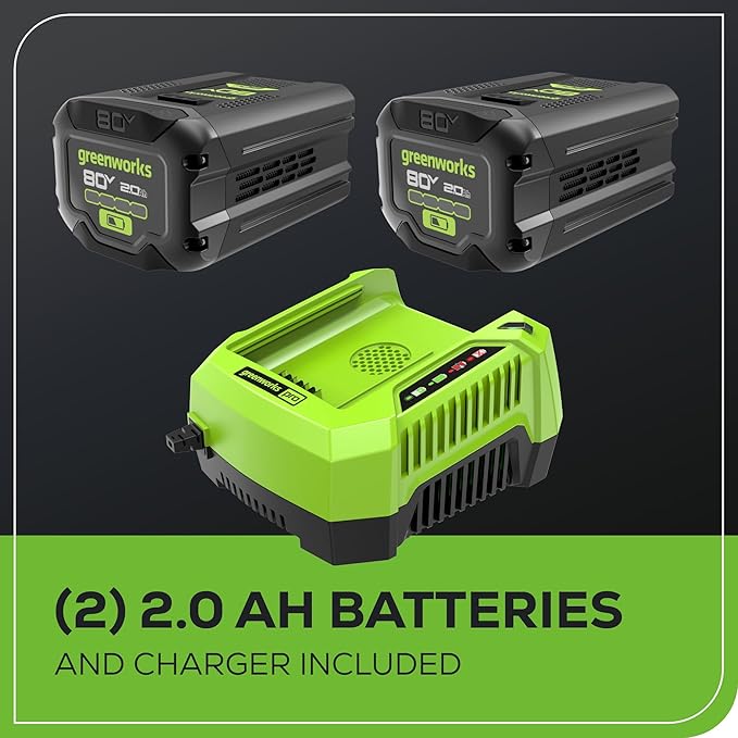Greenworks 80V 21” Brushless (Push) Cordless Electric Lawn Mower + (500 CFM) Axial Leaf Blower (75+ Compatible Tools), (2) 2.0Ah Batteries and 30 Minute Rapid Charger