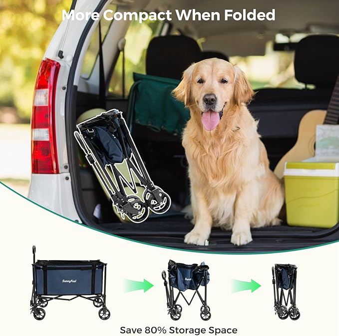 SUNNYFEEL Wagon Cart Foldable, Standard Borderless Version Collapsible Wagon with 220 LBS Max Load, Up to120L Foldable Grocery Cart with Side Opened for Groceries, Garden & Camping,Blue