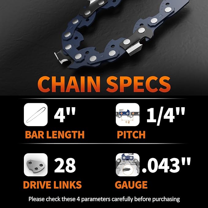 3Pcs 4 Inch Mini Chainsaw Chain, 1/4" LP Pitch .043" Gauge 28 Drive Links, Replacement Chains for Portable Mini Chainsaw, Guide Saw Chain for Chainsaws (4"-28DL-1/4"LP .043"-3pcs)