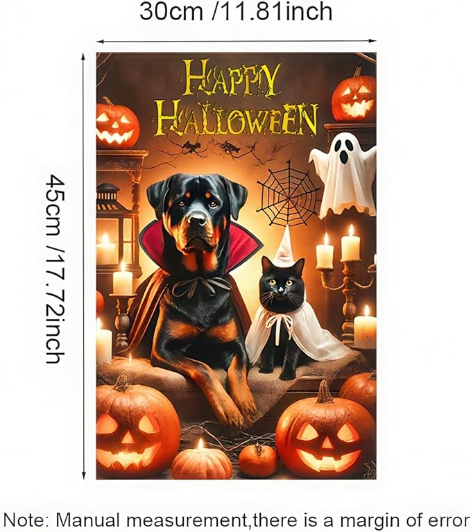 Happy Halloween Garden Flag Double Sided 12x18 Flag Halloween Cat Dog Ghosts Pumpkins Garden Flag Holiday Decoration Rottweiler Black Cat Garden Flag Porch Outdoor Yard Lawn Patio Banner