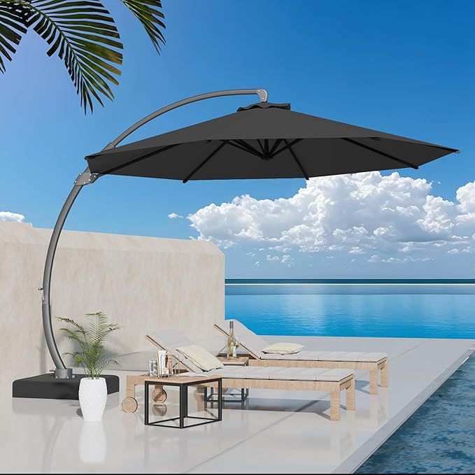 Kingdura 12ft Offset Cantilever Patio Umbrella with Base Included, Large Round Aluminum Outdoor Umbrella, 360° Rotation & Infinite Tilt, Heavy Duty Frame for Deck Pool Backyard, Grey
