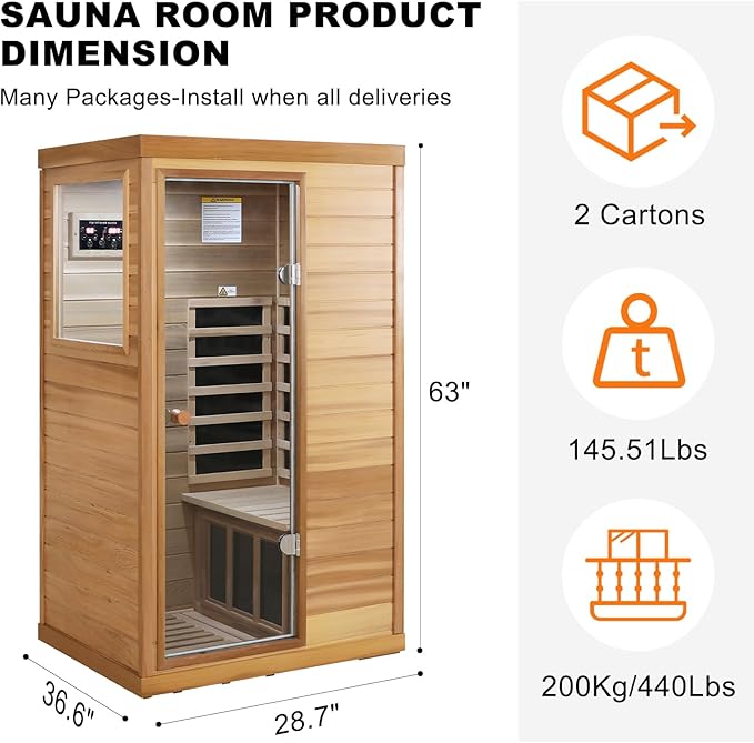 Infrared Sauna for Home, 1 Person Sauna Box, Low EMF 1050W/120V Indoor Sauna Spa with Control Panel & Bluetooth Speakers, LED Lamp, 63.42"x28.35"x62.60"