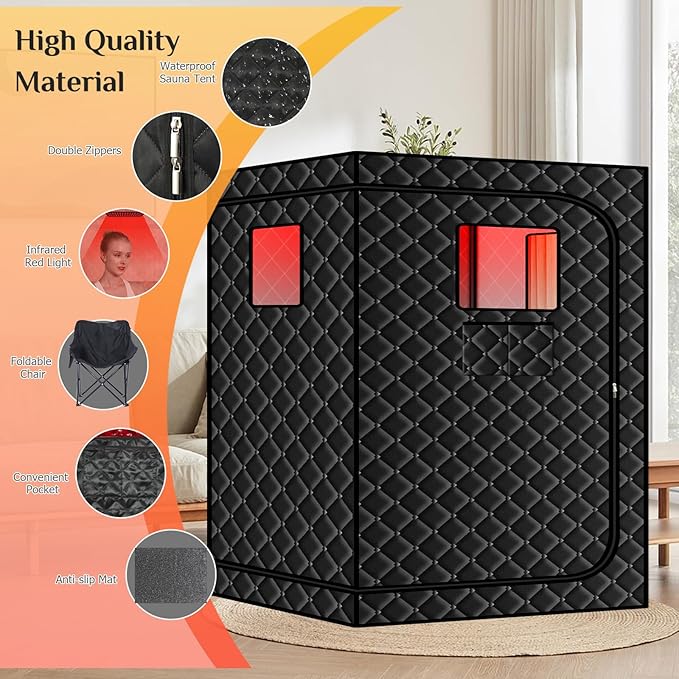 Smartmak 2 Person Portable Sauna Box with Infrared 660nm Red Light Therapy Lamp for Home Relaxation, Large Full Body Sauna Tent, 185°F1500W High Power Hot Air Heating Saunas Spa Pod, 2 Folding Chairs