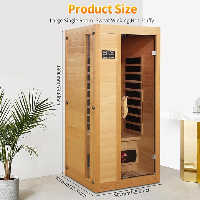 Far Infrared Sauna Home Low EMF, 1-2 Person Home Sauna Hemlock Wood Red Light Sauna with LED Control Panel, Tempered Glass Door, LED Reading Light and Speaker