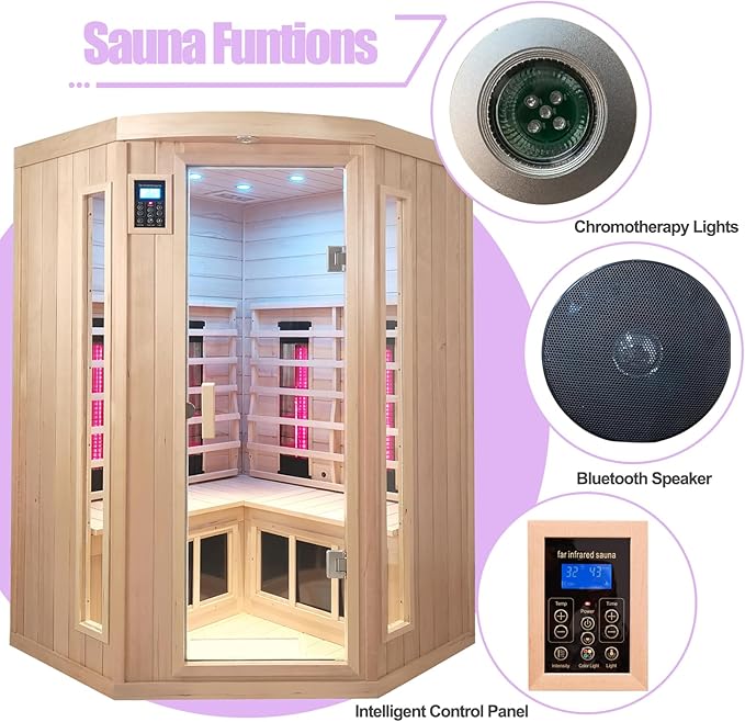 Ceramic Infrared Saunas for Home, 2-3 Person Infrared Sauna, Low EMF Indoor Sauna, Home Sauna, Hemlock Wooden Sauna Room with Bluetooth Speakers, Reading Lamps, Chromotherapy Lights