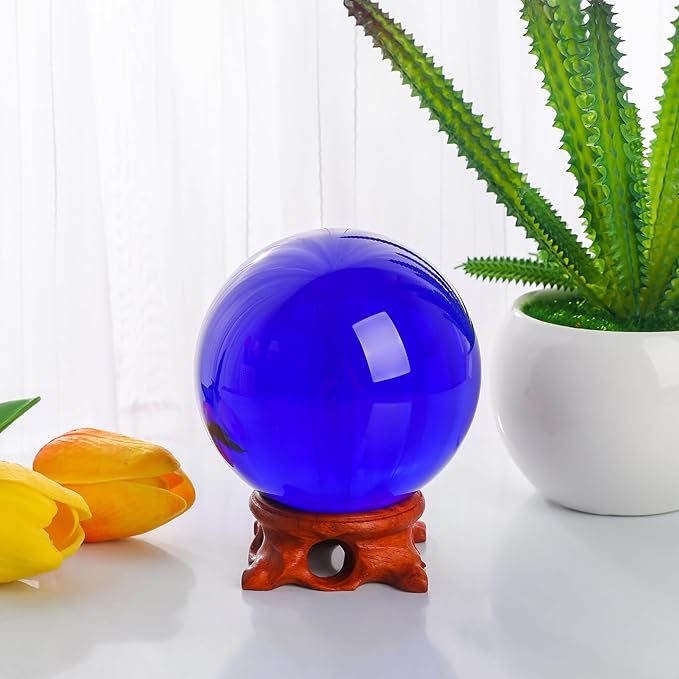 Modaier Dark Blue Crystal Ball 100mm/3.9 inch with Rose Wooden Stand and Gift Box for lensball Photography,Fortune Teller,Feng Shui, Witchcraft Decor,Scrying,Magic,Quartz Glass Orb Prop Large Sphere