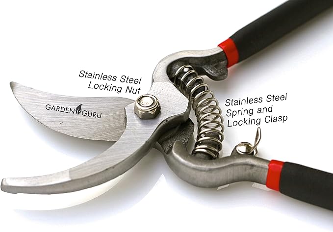 Garden Guru Classic Bypass Pruning Shears Clippers – Heavy Duty Forged Steel Garden Pruners – Safety Lock – Non Slip Comfort Grips – Cuts up to 1” – Professional Bypass Pruners for Gardening (2 Pack)